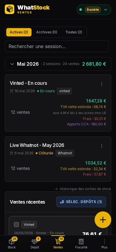 WhatStock mobile — gestion stock TCG sur smartphone